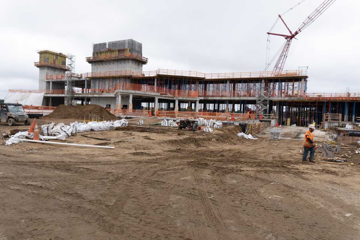 Concrete and steel shell of new Belmont Park grandstand rising