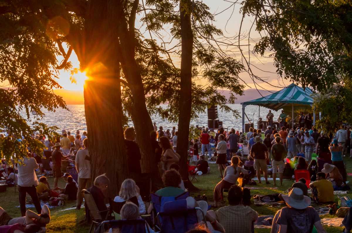 Sun setting on crowd at Hudson River Music Festival