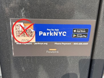 a fraudulent QR code sticker on a NYC parking meter as part of illegal parking-meter scam
