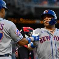 'Brotherhood' with Mark Vientos, Brett Baty helped Francisco Alvarez work through Mets' demotion 29 Francisco Alvarez Mark Vientos Mets: Baseball players in grey uniforms congratulate each other