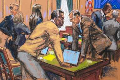 Sean "Diddy" Combs and his attorney Marc Agnifilo discuss with other defense lawyers on how to respond to a new note sent by jurors, during Combs' sex trafficking trial in New York City, New York, U.S., July 1, 2025 in this courtroom sketch.