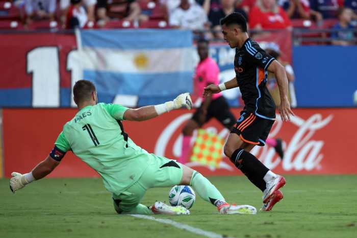 Jul 25, 2025; Frisco, Texas, USA; New York City forward Alonso Martínez (16) scores a goal against FC Dallas goalkeeper Maarten Paes (1) during the first half at Toyota Stadium.