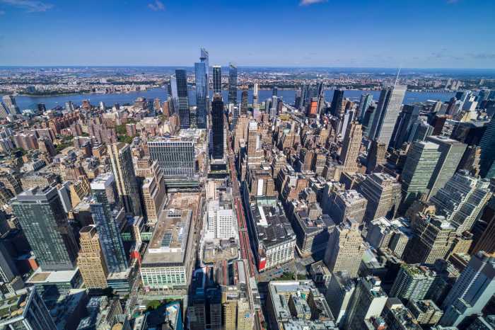 High angle, elevated view of the Hudson Yards in Midtown Manhattan taken from the Empire State building, New York City, USA
