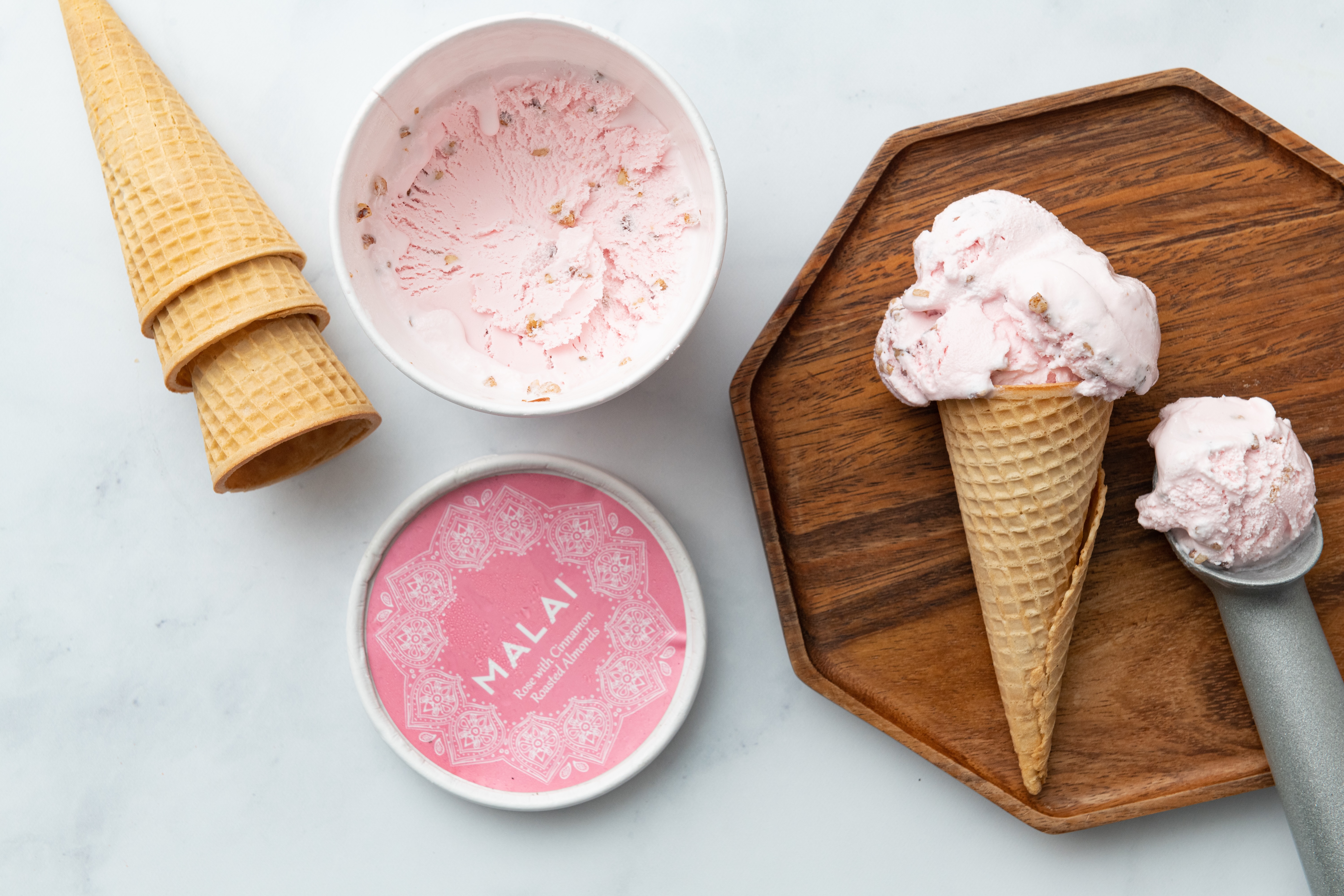 Rose with Cinnamon Roasted Almonds ice cream.