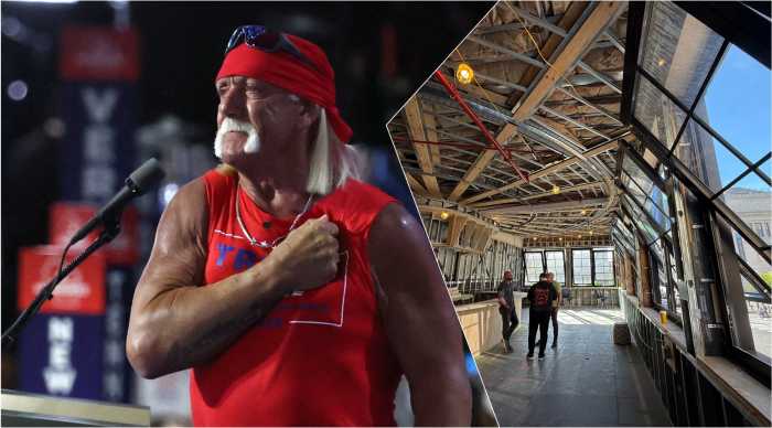 (L) Hulk Hogan at the Republican National Convention in MSG in 2024. (R) The interior of SLAM Sports Bar, which offers direct views of the Garden.