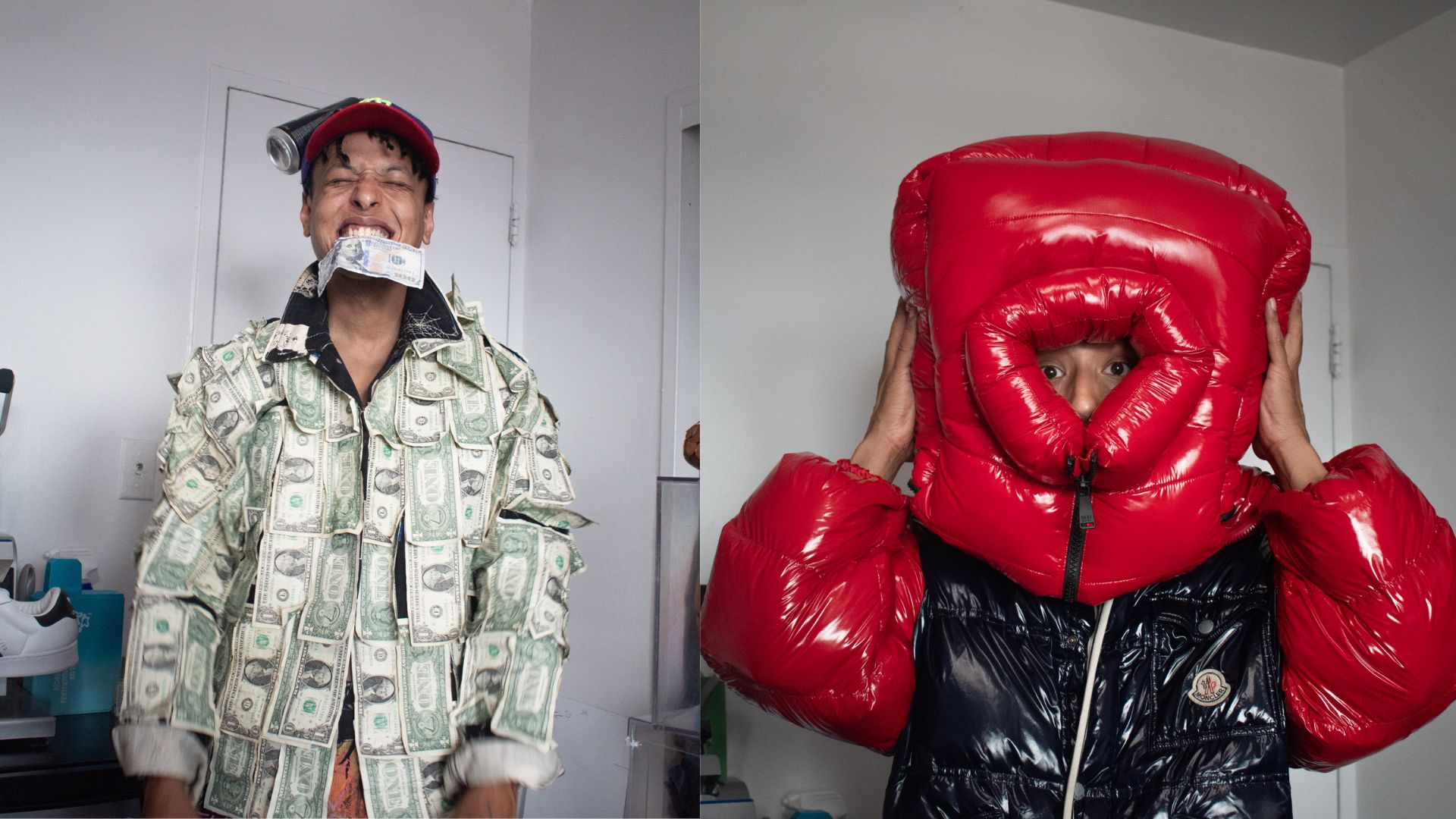 a man in a money jacket next to a man in a big puffer coat