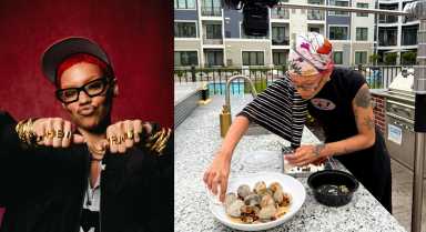 side by side photos of Felicity Jamie, known publicly at Chef Bruja