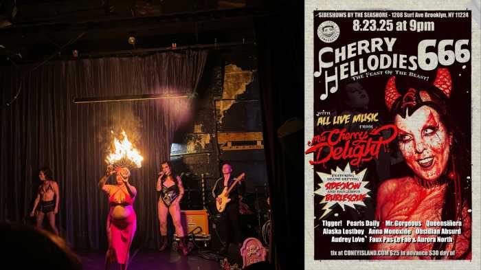 a fire artist at Cherry Hellodies (left) and the poster for this year's Cherry Hellodies (right)