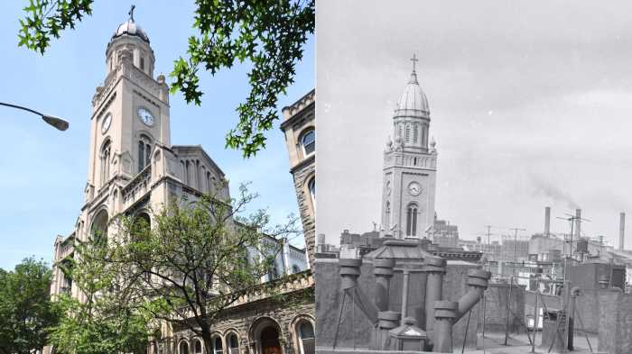 A modern photo of the Holy Redeemer Church next to an old, black and white photo.