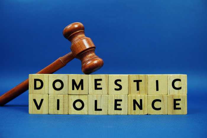 gavel with blocks spelling out words domestic violence against blue background