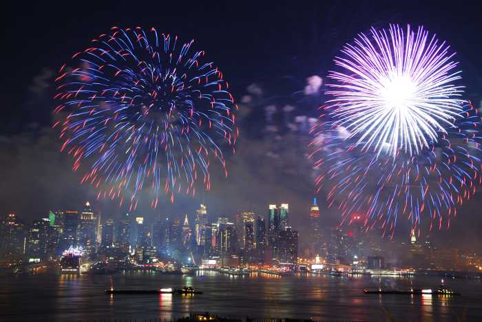 fireworks over the Manhattan skyline on the Fourth of July