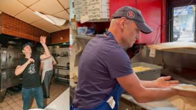 two side by side photos of Frank Kabatas, owner of East Village Pizza, making pizza.
