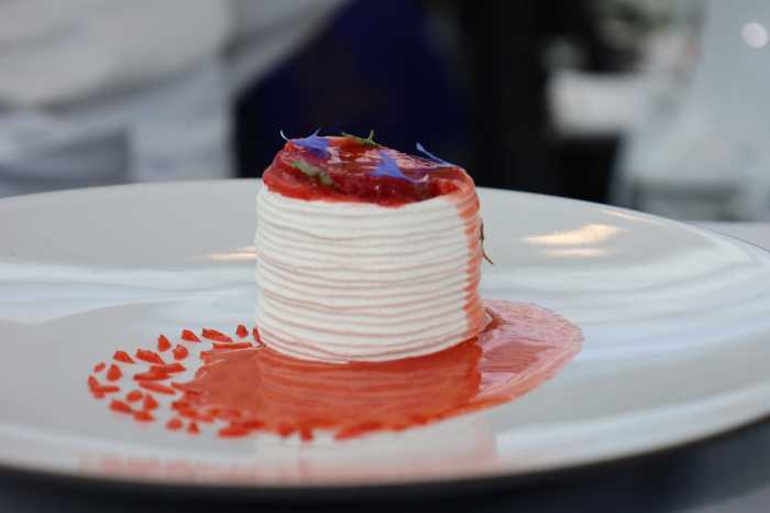 The Academie Culinaire de France hosted their first-ever North America Pastry Competition at the 69th annual Specialty Food Association Summer Fancy Food Show at Jacob Javits Center late last month. Pictured is one dessert from three categories. A vegan meringue filled with rhubarb, strawberry and lemon balm, courtesy Nicolas Parsy and Paul Peyrat.
