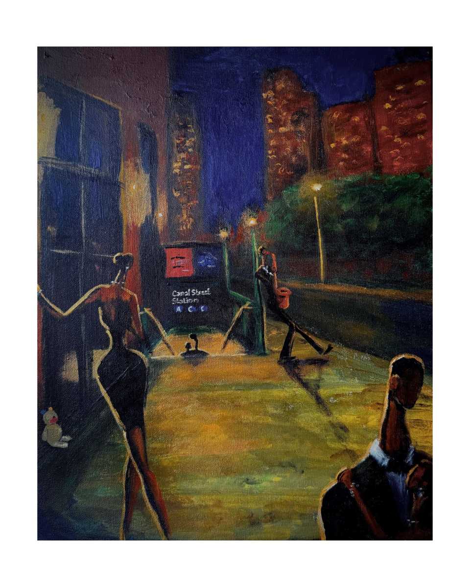 people in painting of soho street "There's Love In SoHo" by DaQuane Cherry.