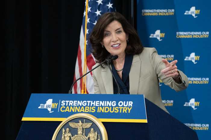 Gov. Kathy Hochul speaks at a press conference in 2023 about the results of statewide enforcement actions against unlicensed cannabis businesses.