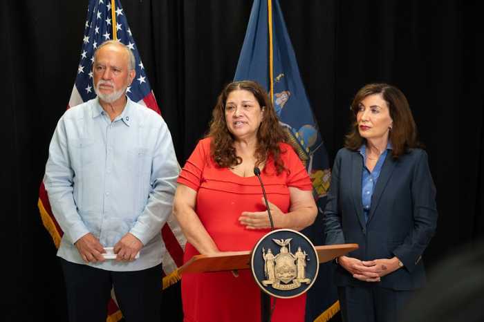 Gov. Kathy Hochul, CUNY Chancellor Félix V. Matos Rodríguez, and Deputy Secretary for Education Maria Fernandez speak at a press briefing at LaGuardia Community College Tuesday
