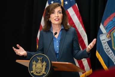 Gov. Kathy Hochul speaks at LaGuardia Community College Tuesday, encouraging more people to sign up for the state's free tuition program for adults pursuing high-demand fields.