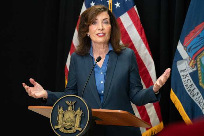 Gov. Kathy Hochul speaks at LaGuardia Community College Tuesday, encouraging more people to sign up for the state's free tuition program for adults pursuing high-demand fields.