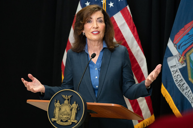 Gov. Kathy Hochul speaks at LaGuardia Community College Tuesday, encouraging more people to sign up for the state's free tuition program for adults pursuing high-demand fields.