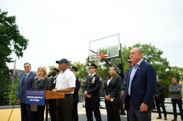 Mayor Eric Adams New York City Police Department (NYPD) Commissioner Jessica Tisch making a public-safety- and quality-of-life-related announcement.