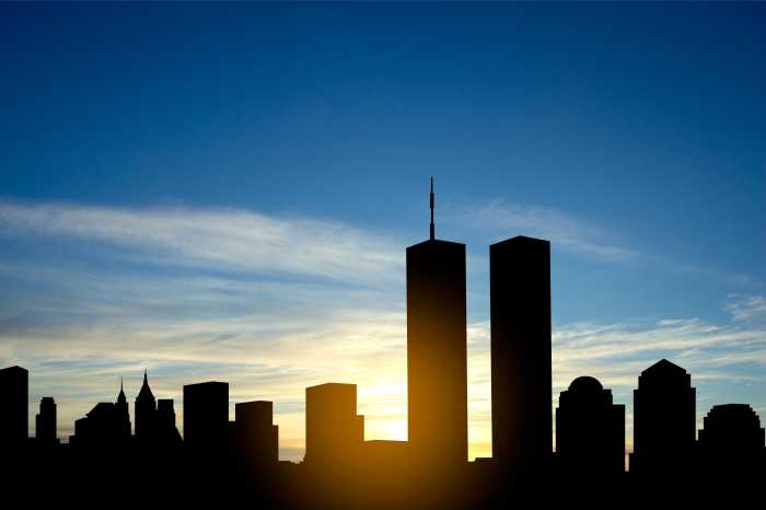 New York skyline silhouette with Twin Towers and against the sunset 9/11