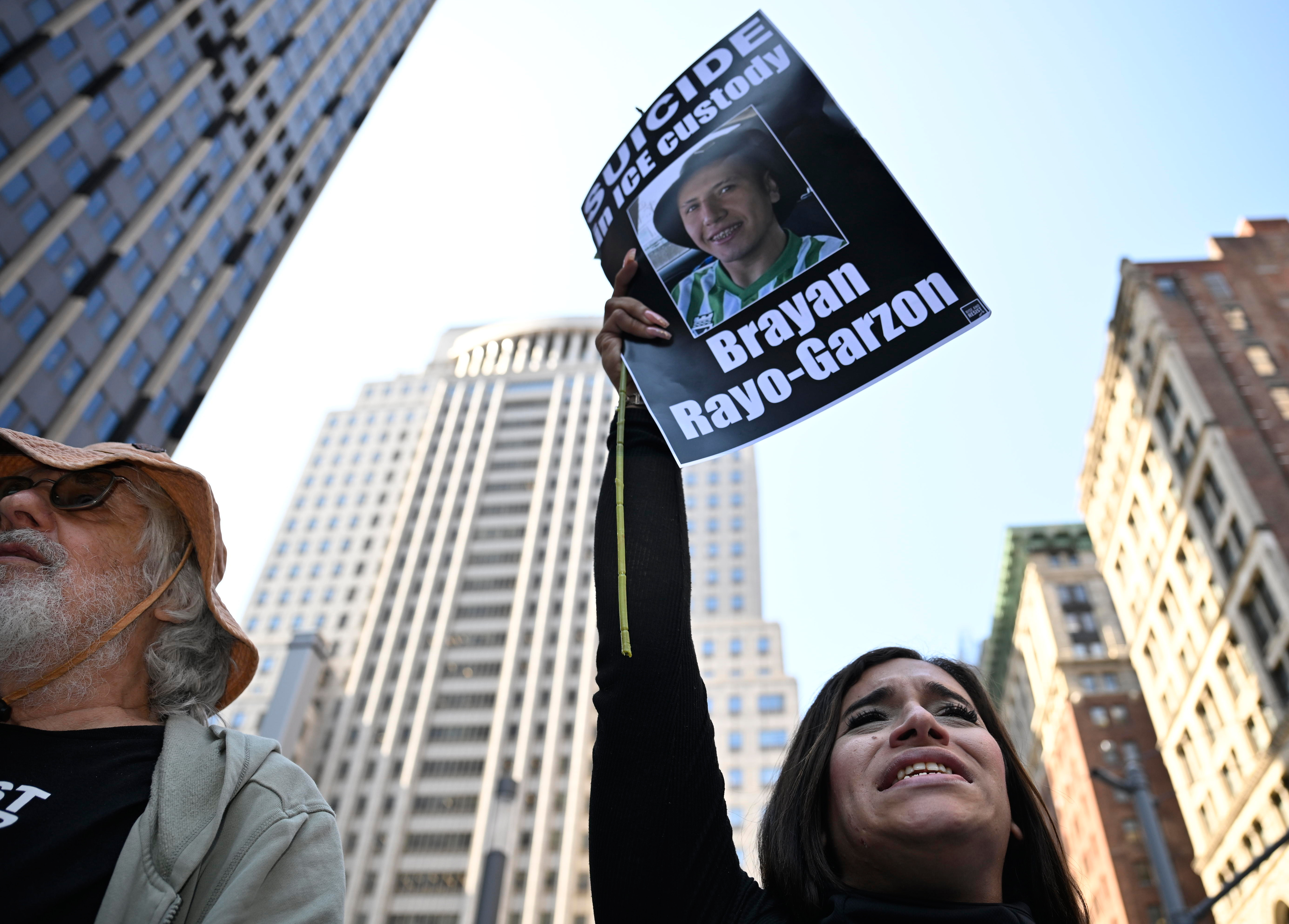 People protest ICE at 26 Federal Plaza.