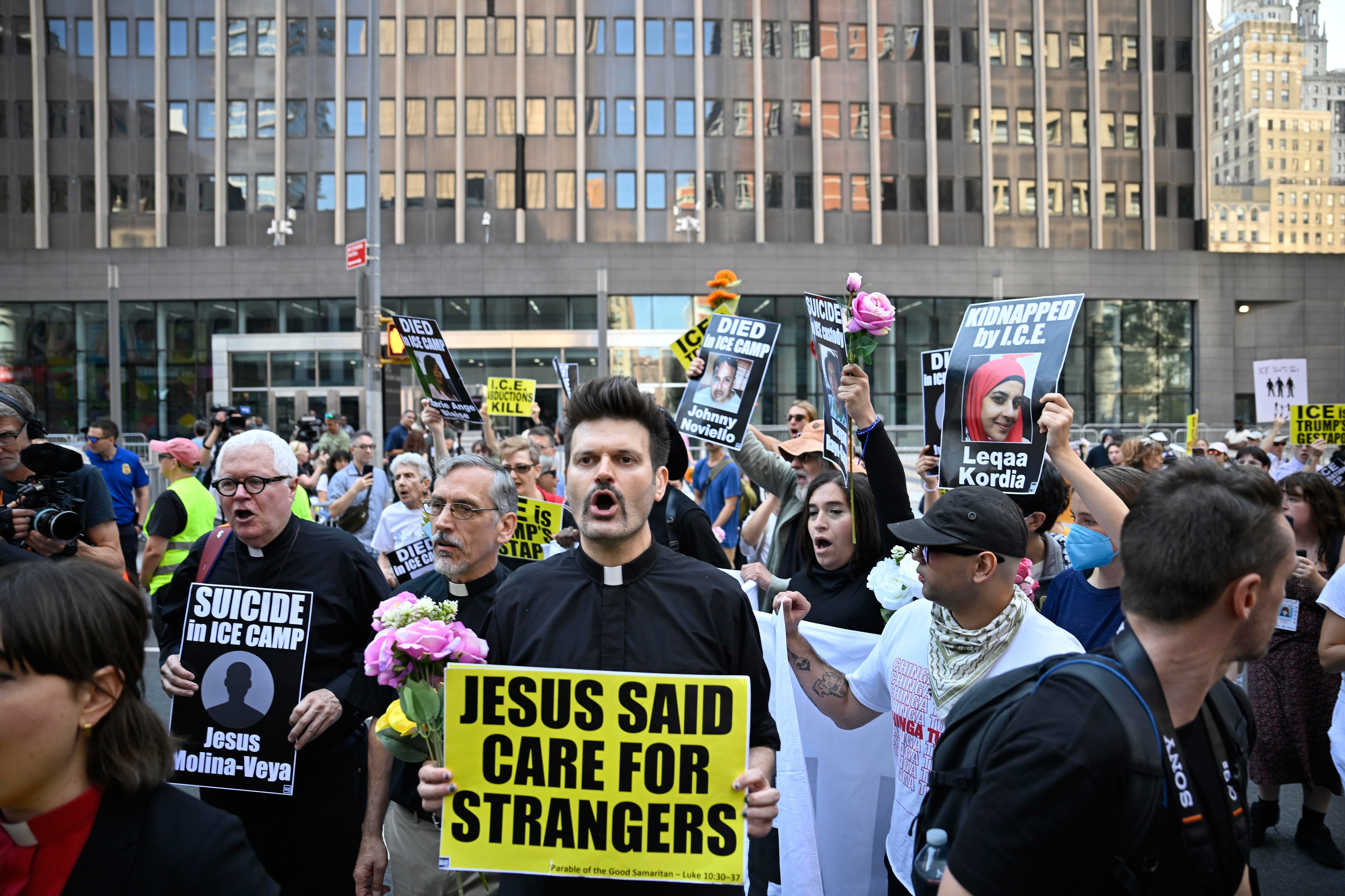 People protest ICE at 26 Federal Plaza.
