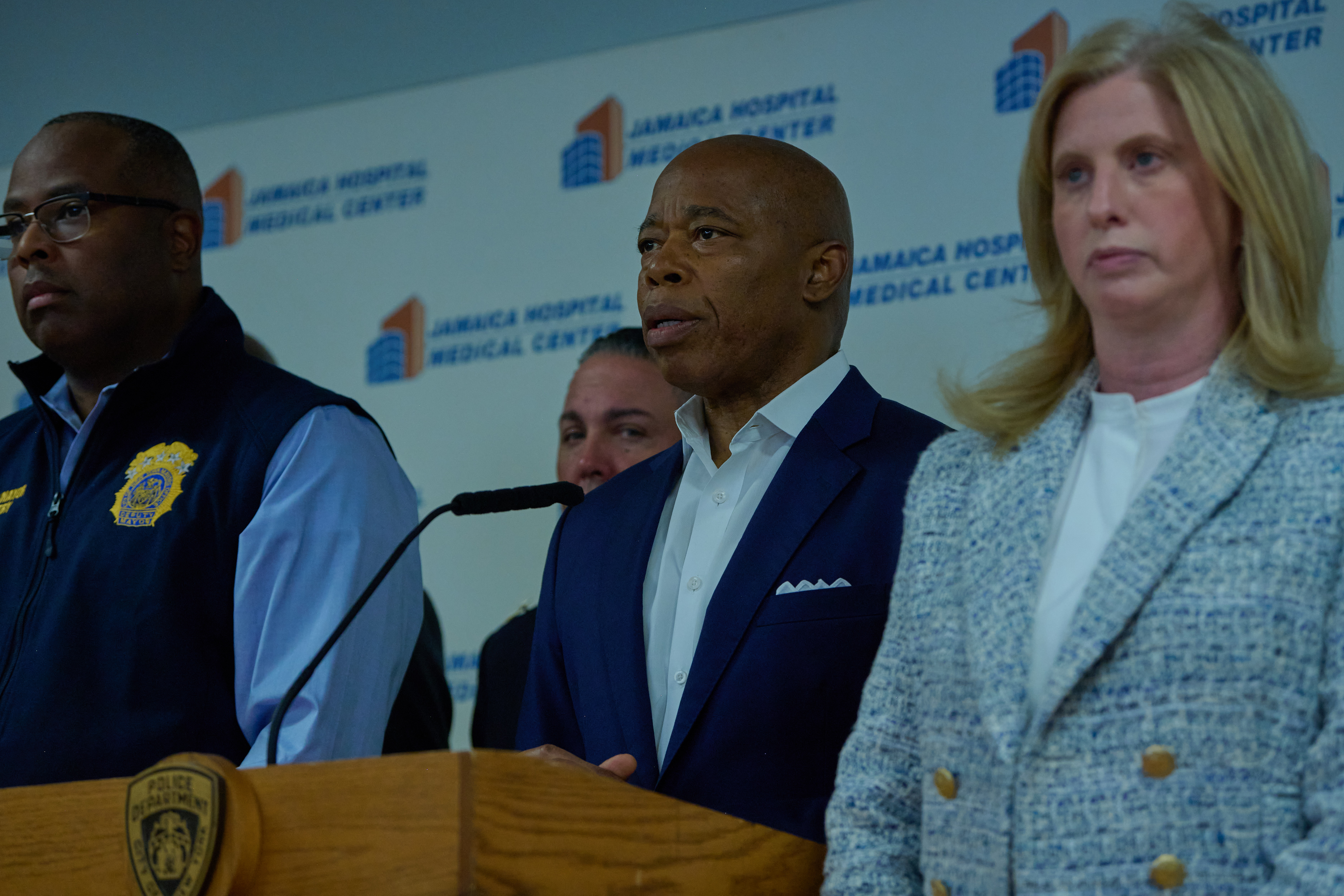 Mayor Eric Adams speaks at a presser after a cop was shot at the Whitestone Bridge and 22 Road on Friday, August 22.