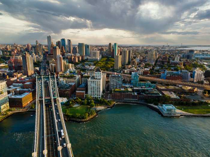 Brooklyn downtown on the Hudson River in New York cityscape America an aerial panoramic view