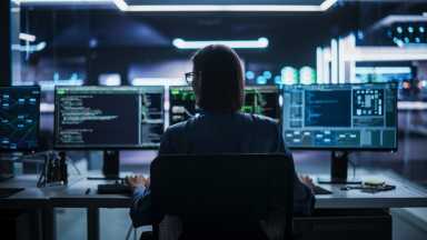 Back View of Female Telecommunications Manager Working in Research and Development Facility on a Desktop Computer in Modern Office. Focused Software Engineer Updating Server System Database