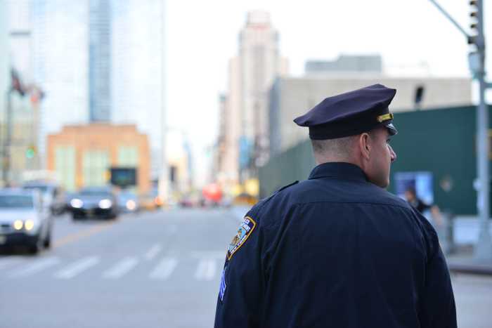 New York City, USA - October 8, 2017: A member of the New York City Police. The officer is patrolling the streets of manhattan