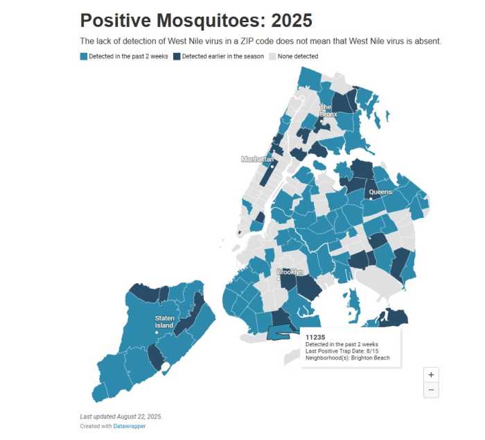 A map showing the affected areas from NYC Health details all the impacted neighborhoods.