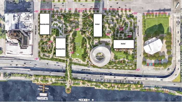 East Side residents fear losing hand as developer employees 'stack the deck' at final Freedom Plaza casino bid hearing 3 The site plan of Freedom Plaza, which includes two residential towers with 1,049 units, 513 designated as affordable, two hotel towers, a museum dedicated to democracy, retail space, a daycare center, and nearly five acres of public parkland.