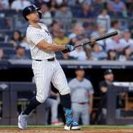 Healthy Giancarlo Stanton could be game-breaker Yankees need 2 Giancarlo Stanton Yankees home run: Man in white uniform watches ball after making contact