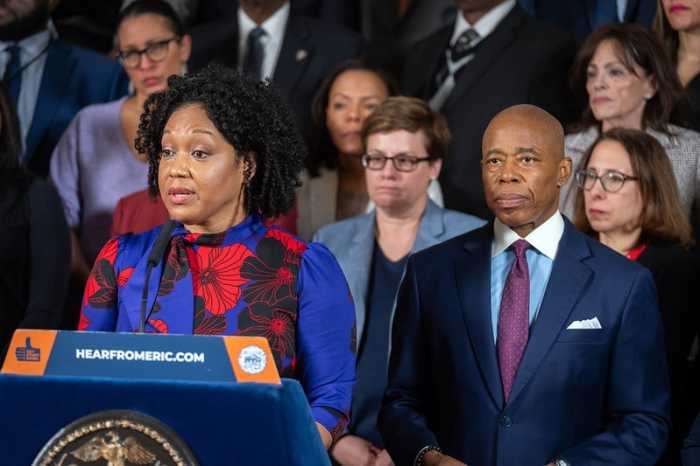 NYC Correction Commissioner Lynelle Maginley-Liddie alongside Mayor Eric Adams in December 2023.