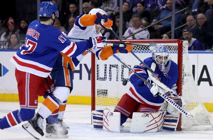 Rangers goaltender stops shot against Islanders