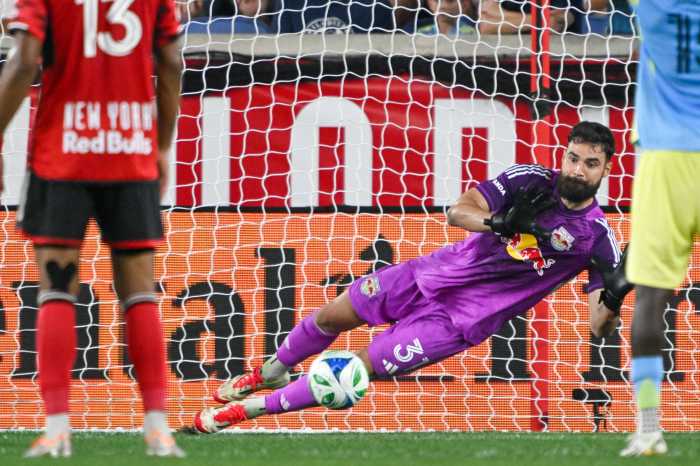 Carlos Coronel Red Bulls goalie makes crucial stop of soccer ball at goal