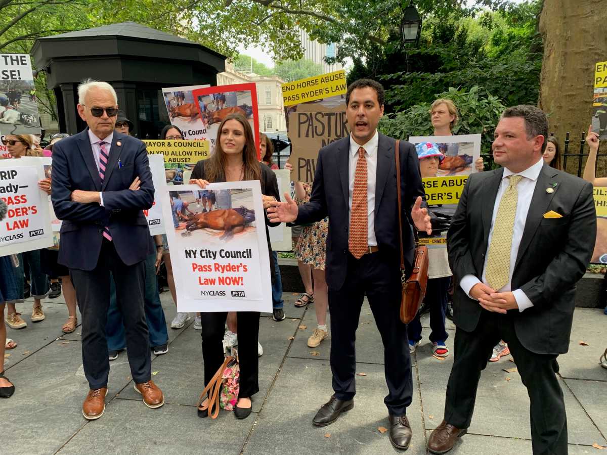 Push to ban NYC carriage horse industry continues with City Hall rally days after equine's death 2 people holding signs while protesting carriage horse industry and supporting Ryder's Law