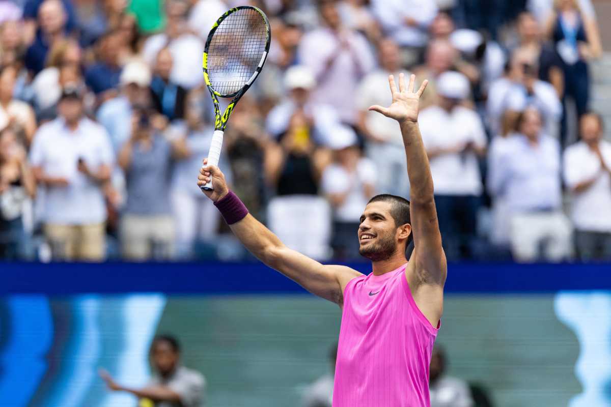 Sep 5, 2025; Flushing, NY, USA; Carlos Alcaraz of Spain celebrates his victory over Novak Djokovic of Serbia in the semifinal of the mens singles at the US Open at Arthur Ashe Stadium in Billie Jean King National Tennis Center. Mandatory Credit: Mike Frey-Imagn Images