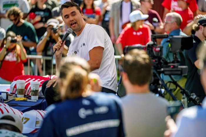 Charlie Kirk speaks during a Turning Point USA “American Comeback Tour” event at Utah Valley University on Wednesday, Sept. 10, in Orem, Utah, shortly before he was shot.