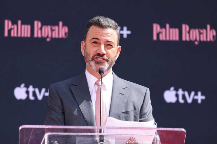FILE PHOTO: Jimmy Kimmel speaks at a ceremony in which 91-year-old iconic comedy legend and actor Carol Burnett marks her hands and feet in cement, at the TCL Chinese Theatre on Hollywood Blvd in Los Angeles, California , U.S. June 20, 2024.