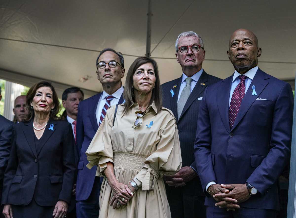 Mayor Eric Adams (r.) at the 9/11 Memorial and Museum on Sept. 11, 2025 for a ceremony marking the 24th anniversary of the terrorist attacks on the World Trade Center, the Pentagon and United Airlines Flight 93. 