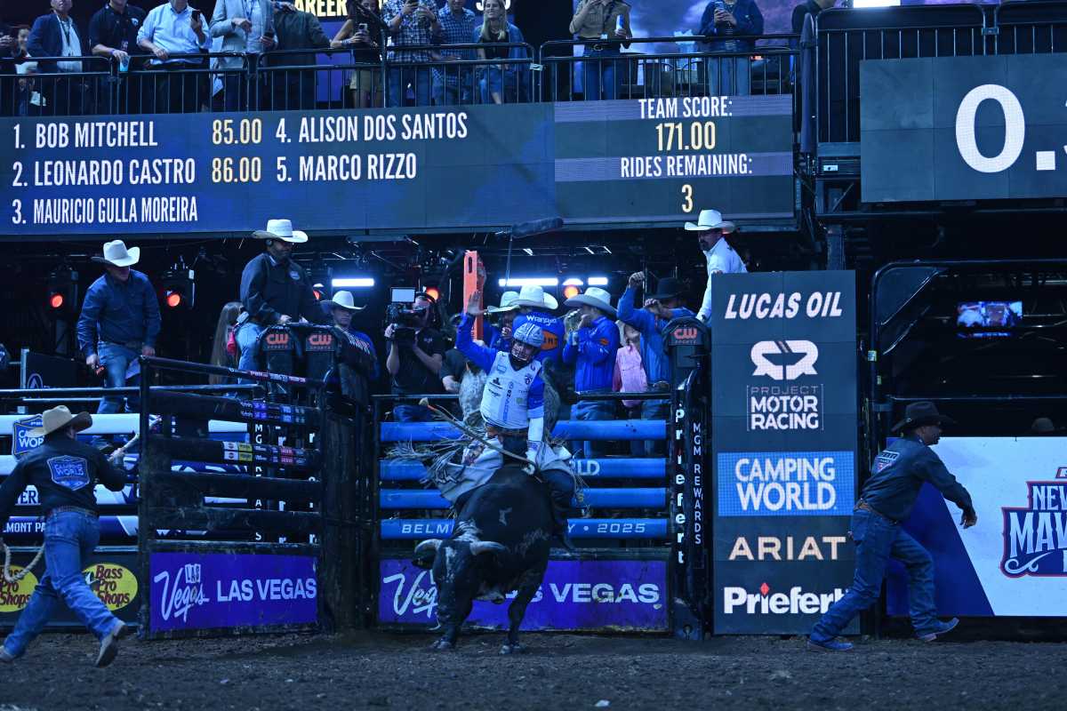 Mauricio Moreira rides for the New York Mavericks on night one of their home stand at UBS Arena.