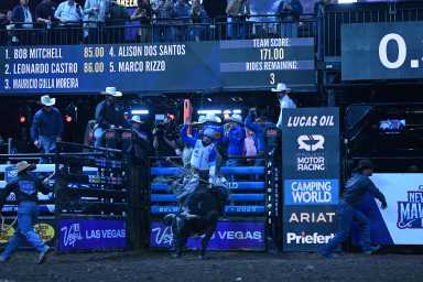 Mauricio Moreira rides for the New York Mavericks on night one of their home stand at UBS Arena.