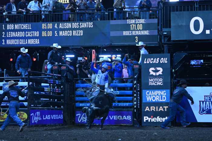 Mauricio Moreira rides for the New York Mavericks on night one of their home stand at UBS Arena.