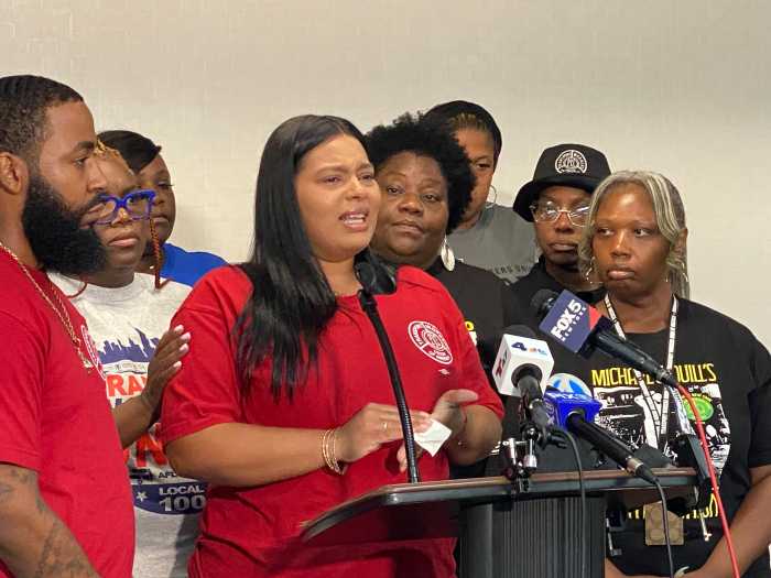 Shakira Zahiruddin, a mother of two and eight months pregnant, spoke through tears at a press conference in Brooklyn Tuesday, where she and her union accused Barnard College of unlawfully laying her off.
