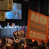 Jay-Z–backed Times Square casino faces Broadway’s refusal to share the spotlight at final public hearing 6 Supporters and critics of the Times Square casino project vie for visibility with competing signs at the last public hearing on Thursday.