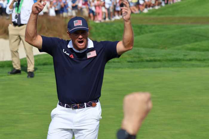 DeChambeau attempted to fire up the crowd after taking the opening match of the morning session. Photo: Dylan Christie/amNewYork.