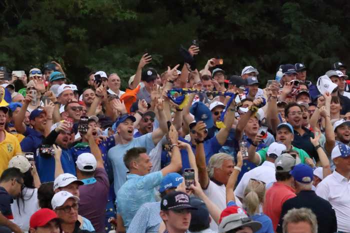 European fans were in a boisterous mood as a chasm grew between the two teams on Saturday. Photo: Dylan Christie/amNewYork.