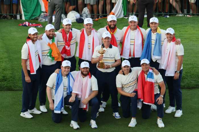 Europe retains Ryder Cup after withstanding fierce USA fightback at Bethpage Black 2 European players pose with the Ryder Cup after a nervy 15-13 victory. Photo: Dylan Christie/amNewYork